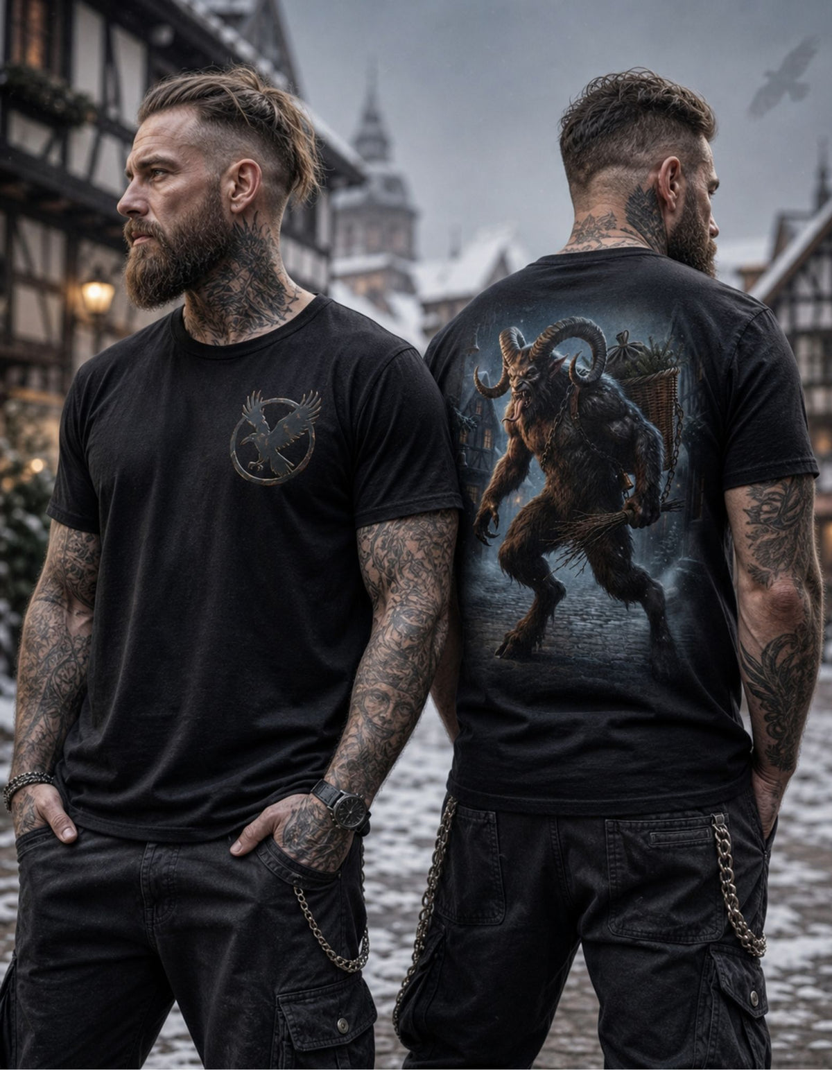 Two tattooed men standing outdoors in a snowy town setting, wearing black graphic T-shirts. The man on the left shows the front of the shirt with a circular bird emblem on the chest, and the man on the right shows the back of the shirt with a large dark fantasy creature graphic.