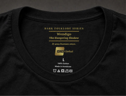 Inside neck of a black t-shirt showing the gold Dark Folklore Series label: Wendigo, The Hungering Shadow, with the original size and care label below.