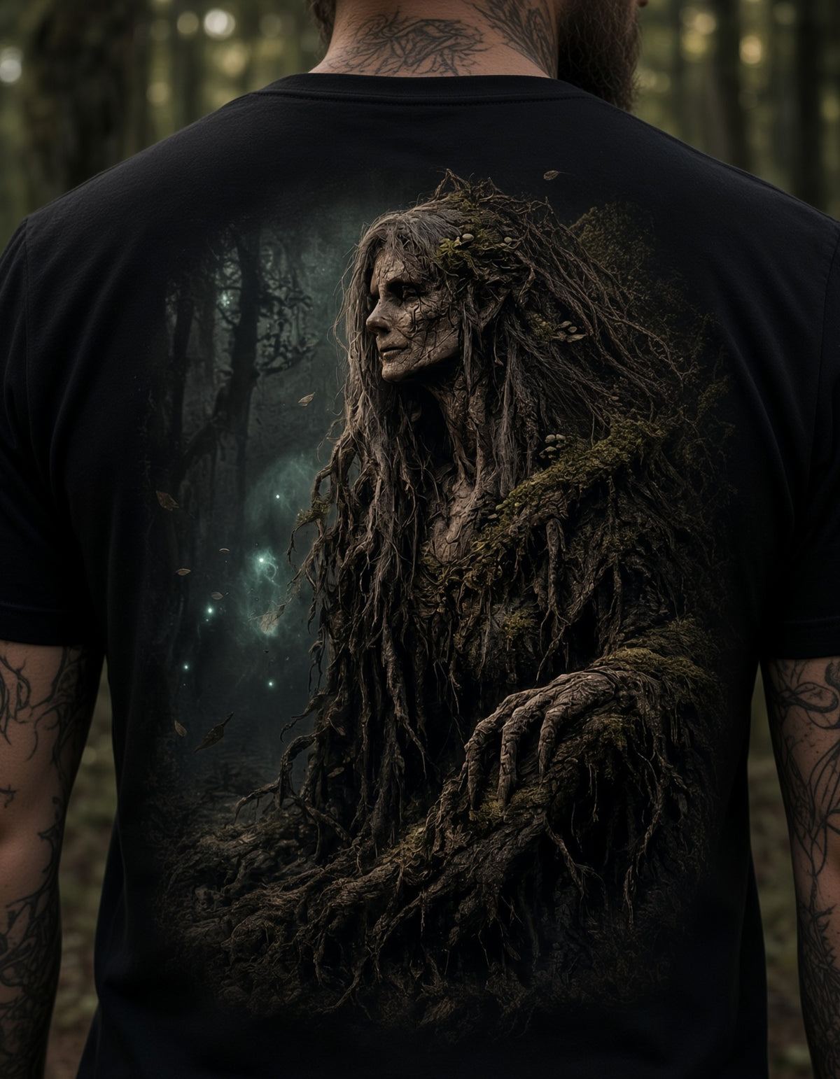 A person viewed from the back wearing a black T-shirt with a large, detailed fantasy graphic of a forest spirit or tree-like figure in dark earthy tones.