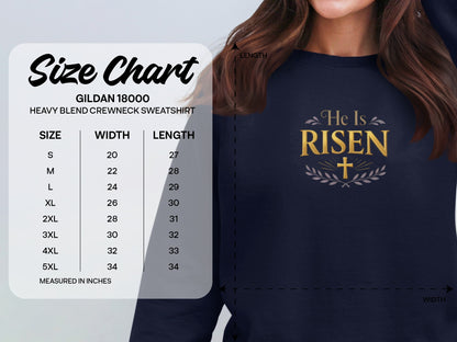 Gildan 18000 sweatshirt size chart with "He Is Risen" graphic.
