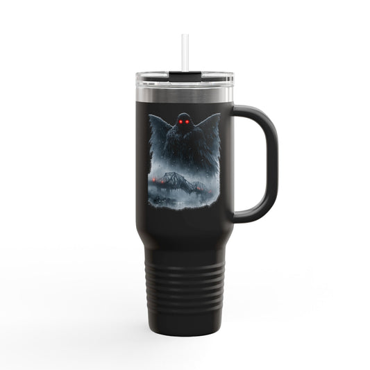 40oz insulated tumbler featuring Mothman, a dark winged figure with glowing red eyes, above a foggy bridge.