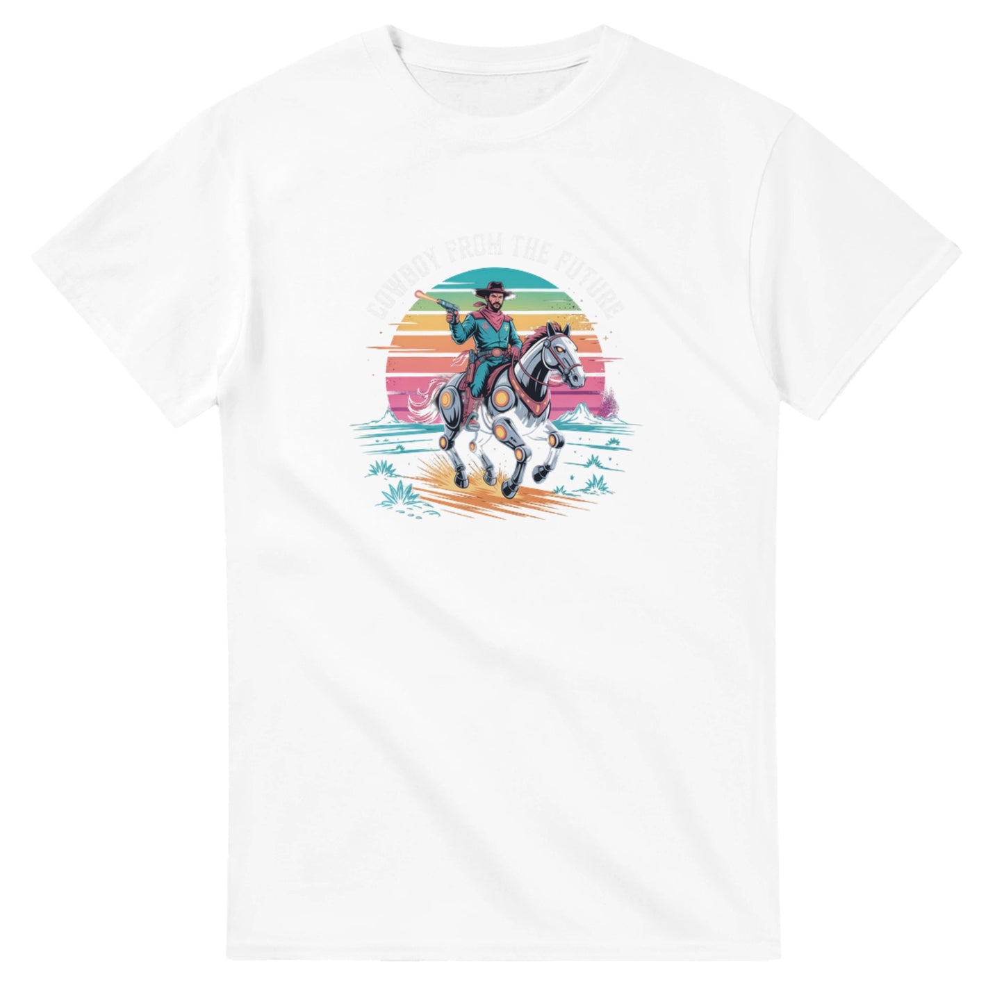 Retro-Futuristic Cowboy graphic design on a Heavyweight T-shirt