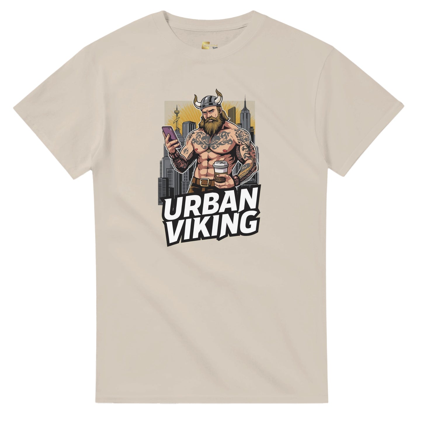 Person wearing a gray t-shirt with 'Urban Viking' graphic design in an indoor setting