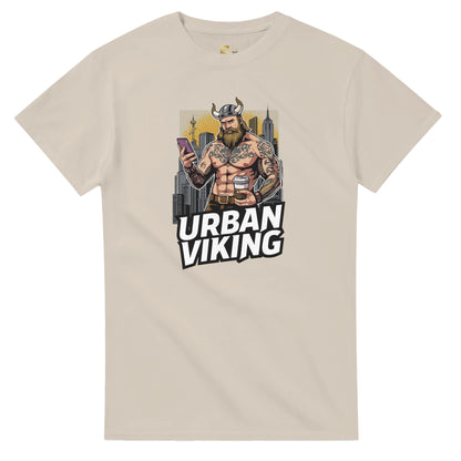 Person wearing a gray t-shirt with 'Urban Viking' graphic design in an indoor setting