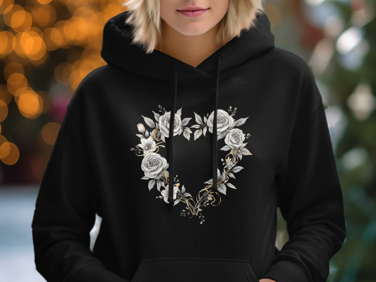 Elegant Floral Wreath Design on Black Hoodie Product