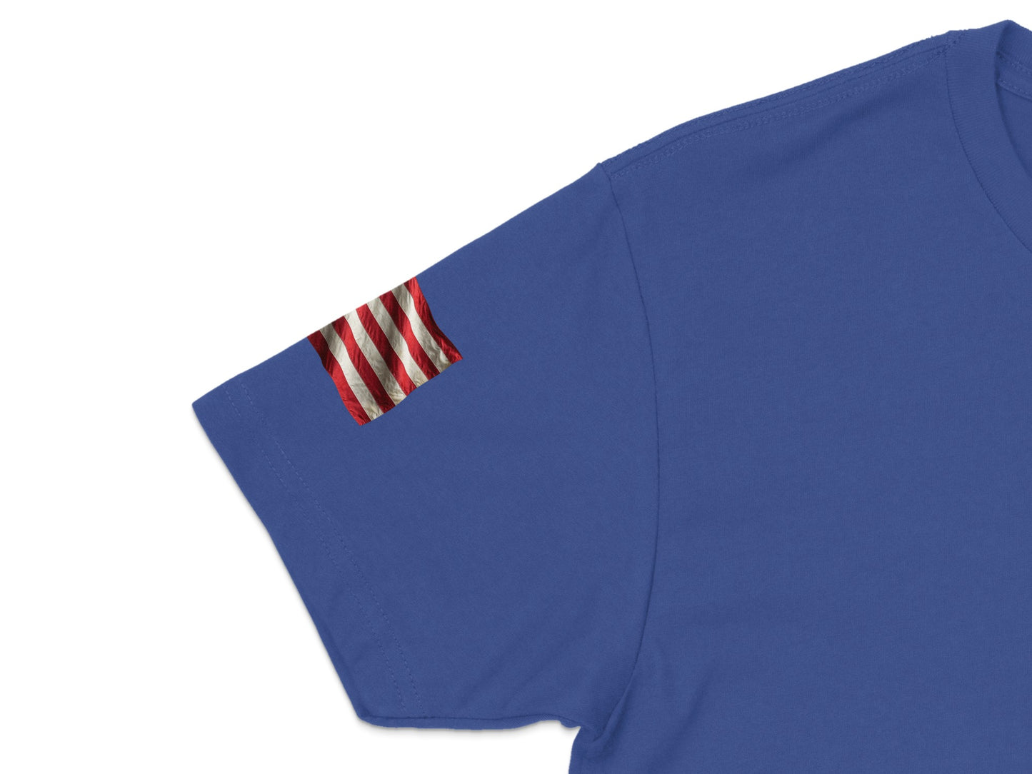 Blue t-shirt with American flag patch on the left sleeve.