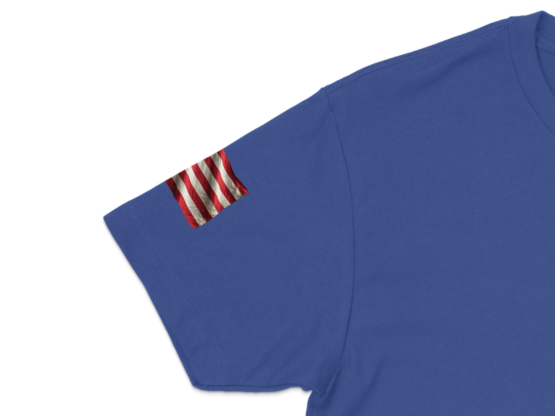 Blue t-shirt with American flag patch on the left sleeve.
