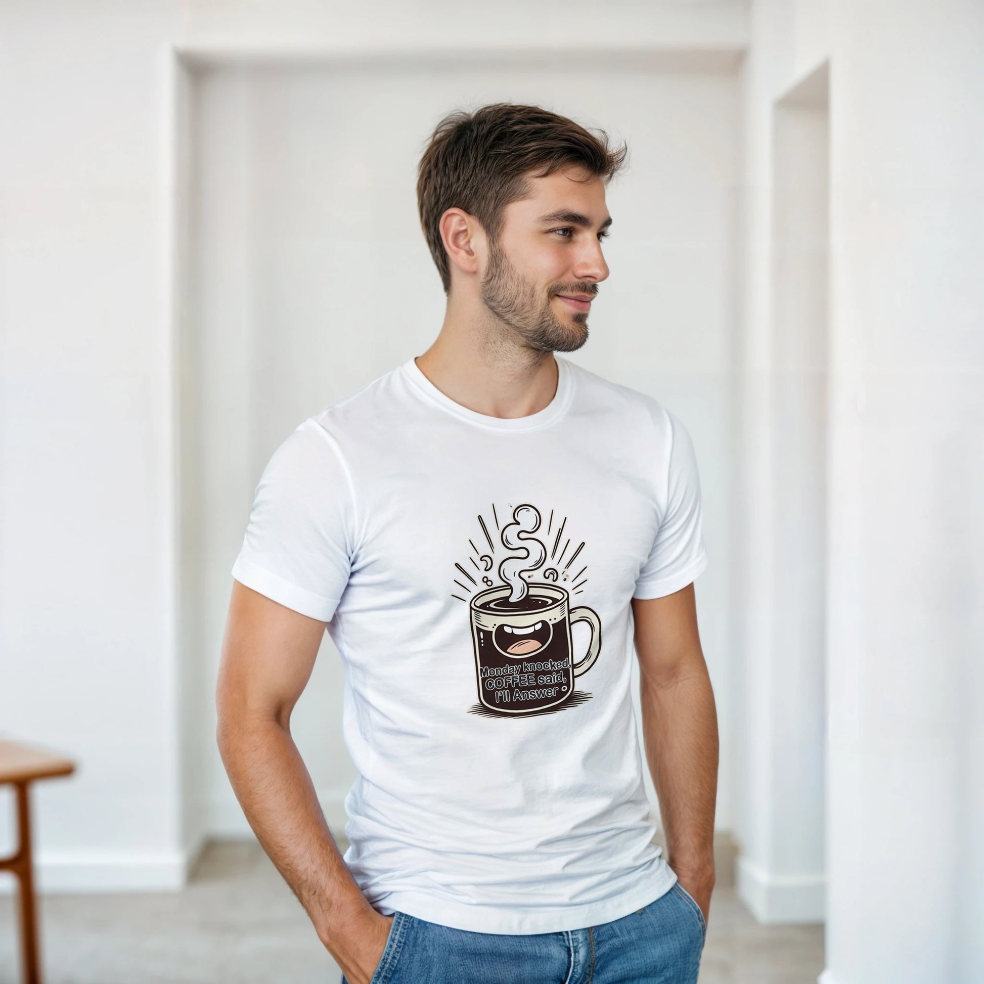 Monday Knocked, Coffee Answered on a Heavyweight Humorous Coffee Lover T on a Shirt