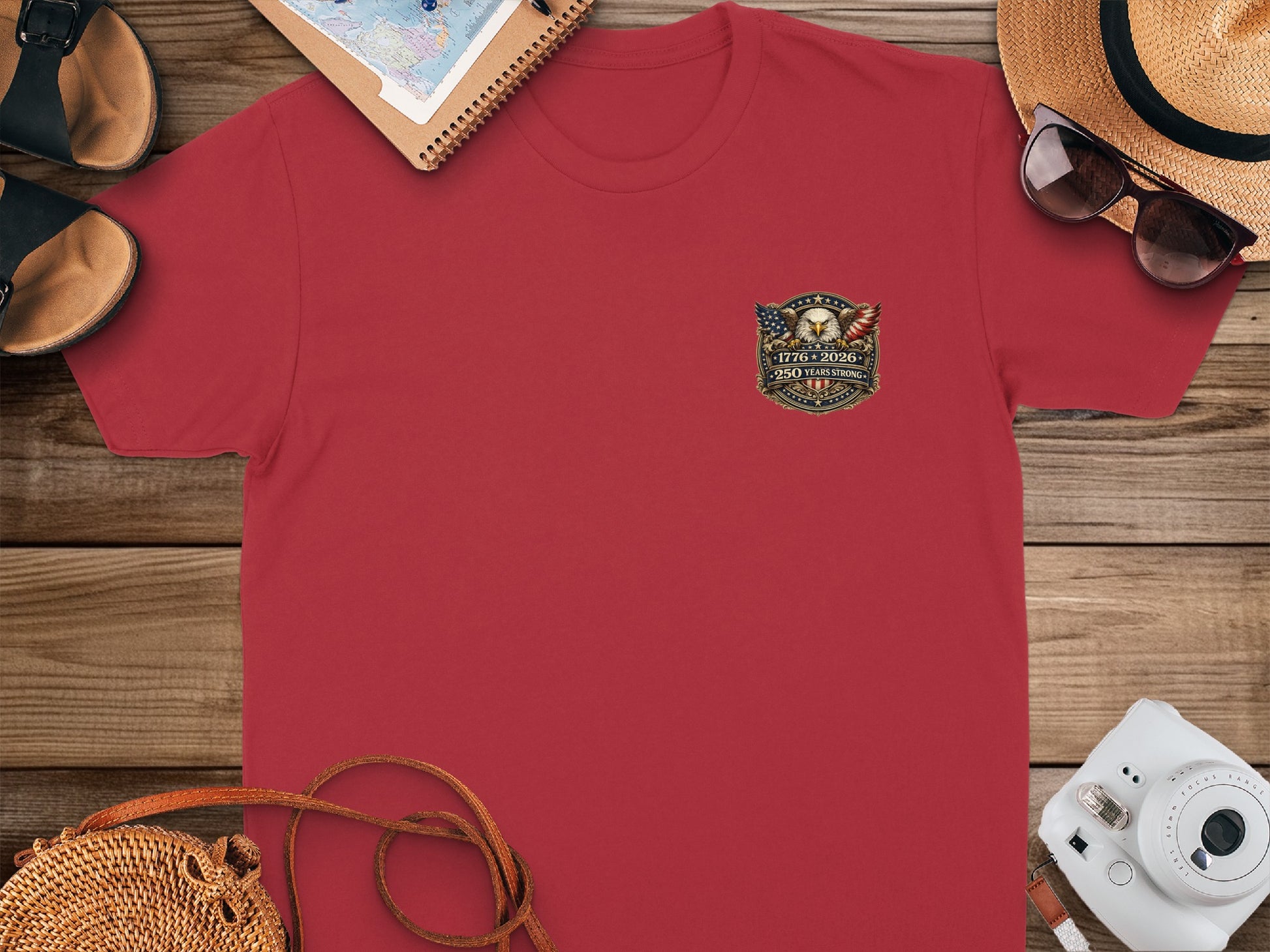 Red t-shirt with patriotic eagle logo and text.