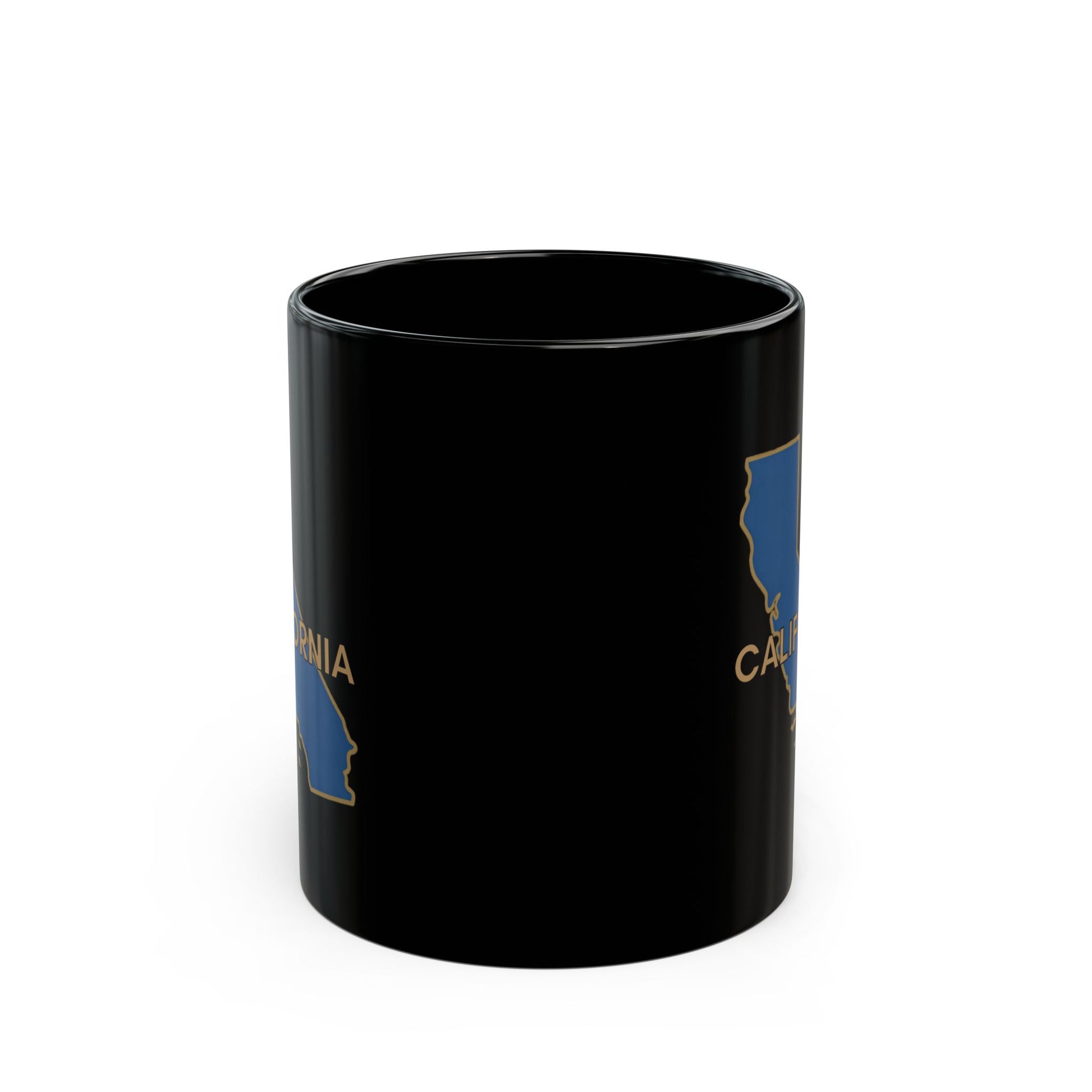 Black mug with California state outline and text.
