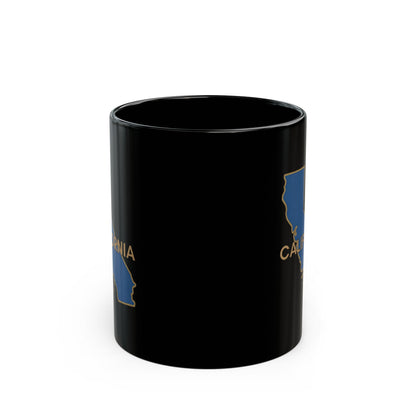 Black mug with California state outline and text.