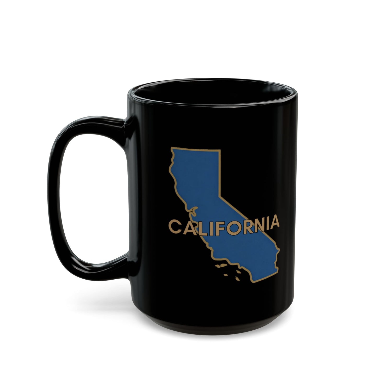 Black mug with a blue outline map of California and the state name.
