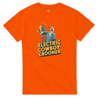 Person wearing a blue t-shirt with 'Electric Cowboy Crooner' design in a mall setting