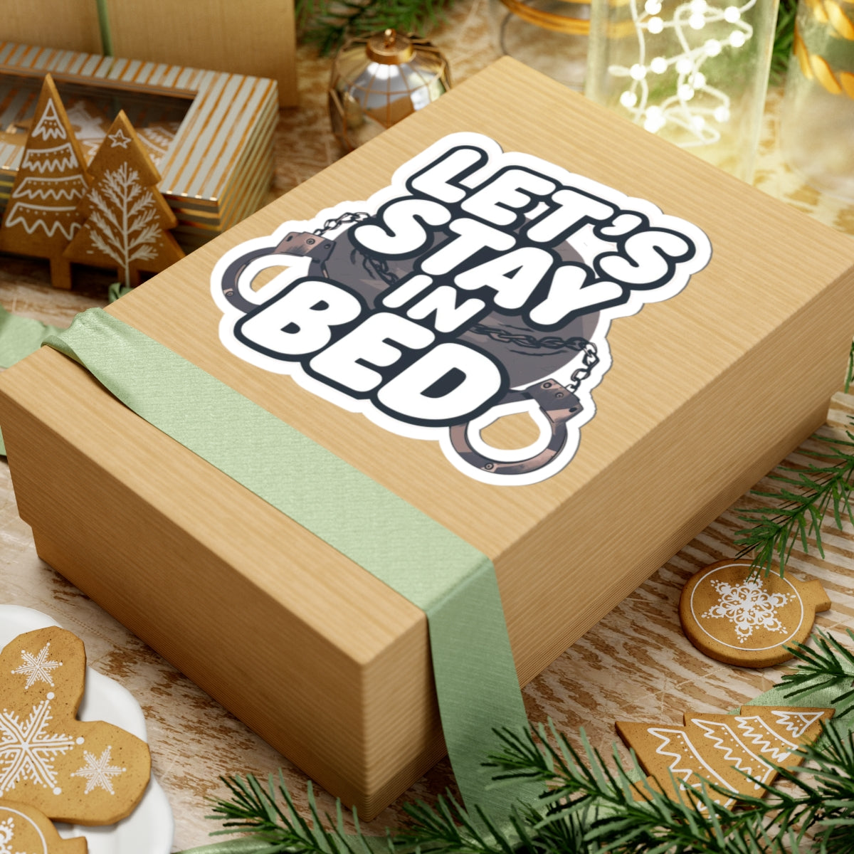 Let's Stay In Bed Handcuff Themed Gift Box Sticker