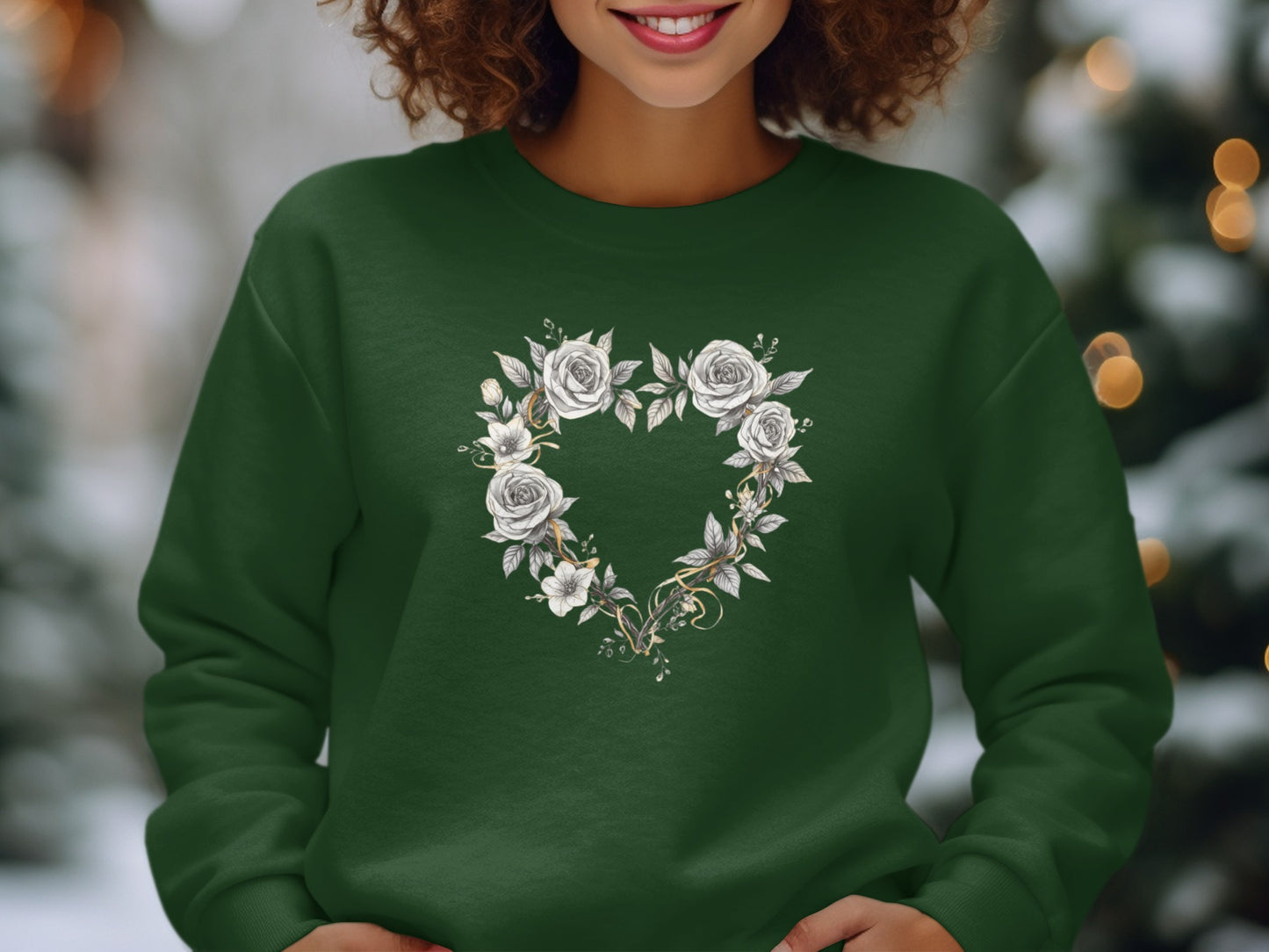 White Floral Heart Design on Green Sweatshirt