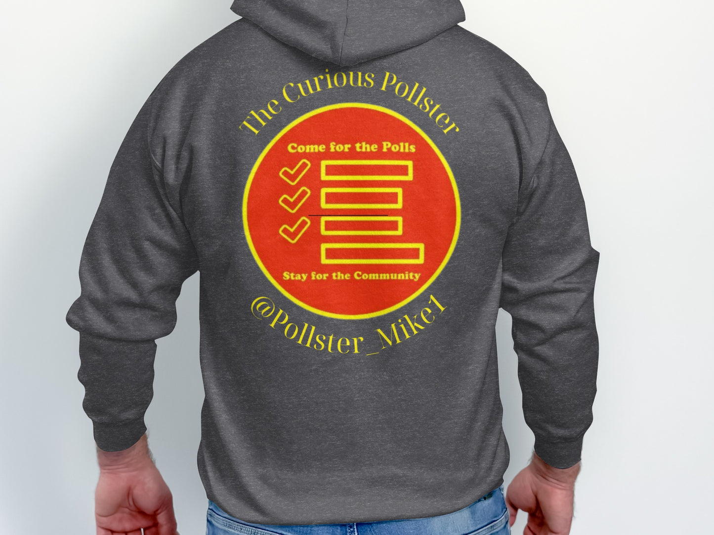 Dark gray hoodie with yellow and red circular logo featuring checkboxes and text.