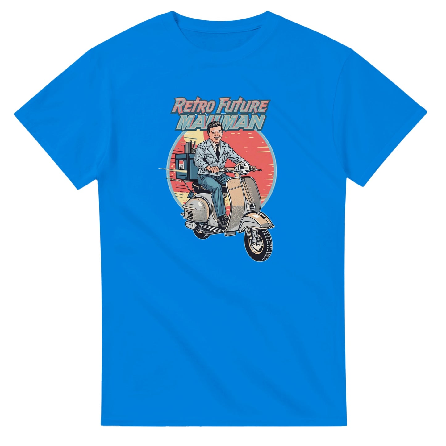 Man wearing a t-shirt with a retro design of a man on a scooter.
