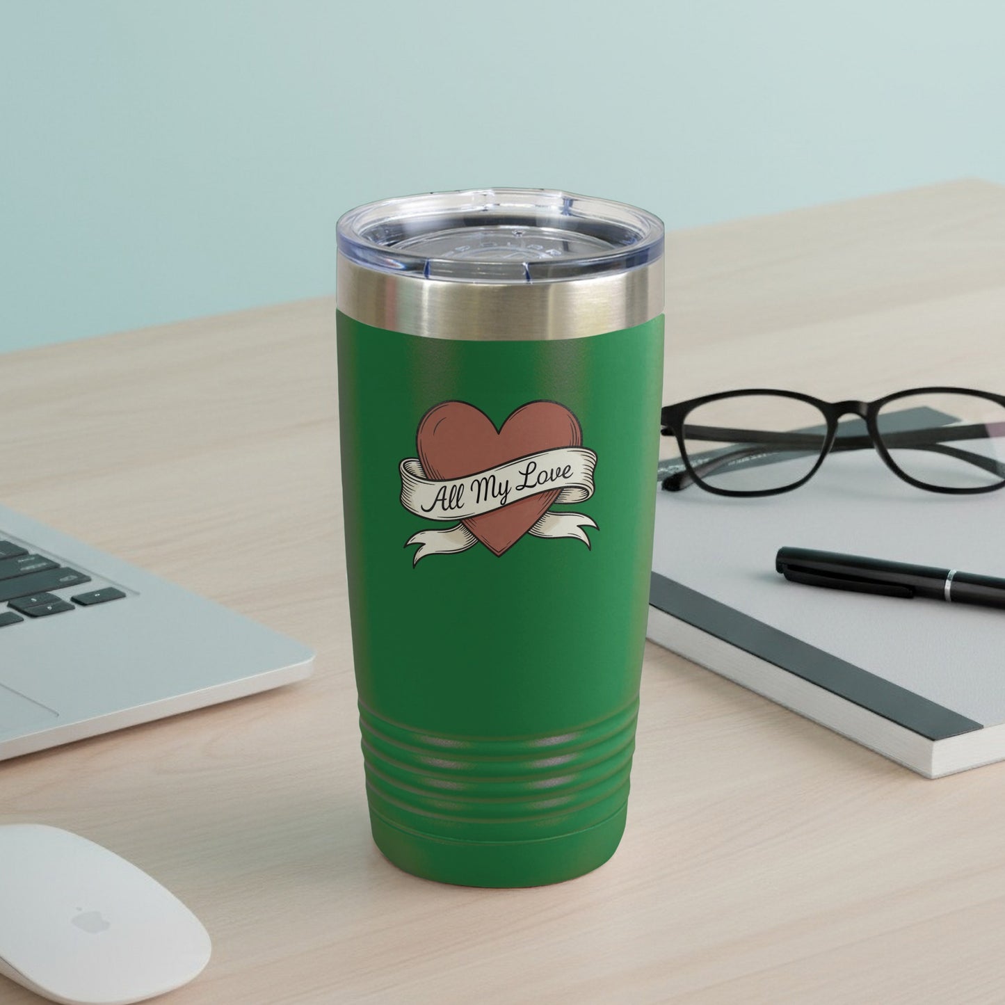 Green Tumbler with 'All My Love' Heart Design Product