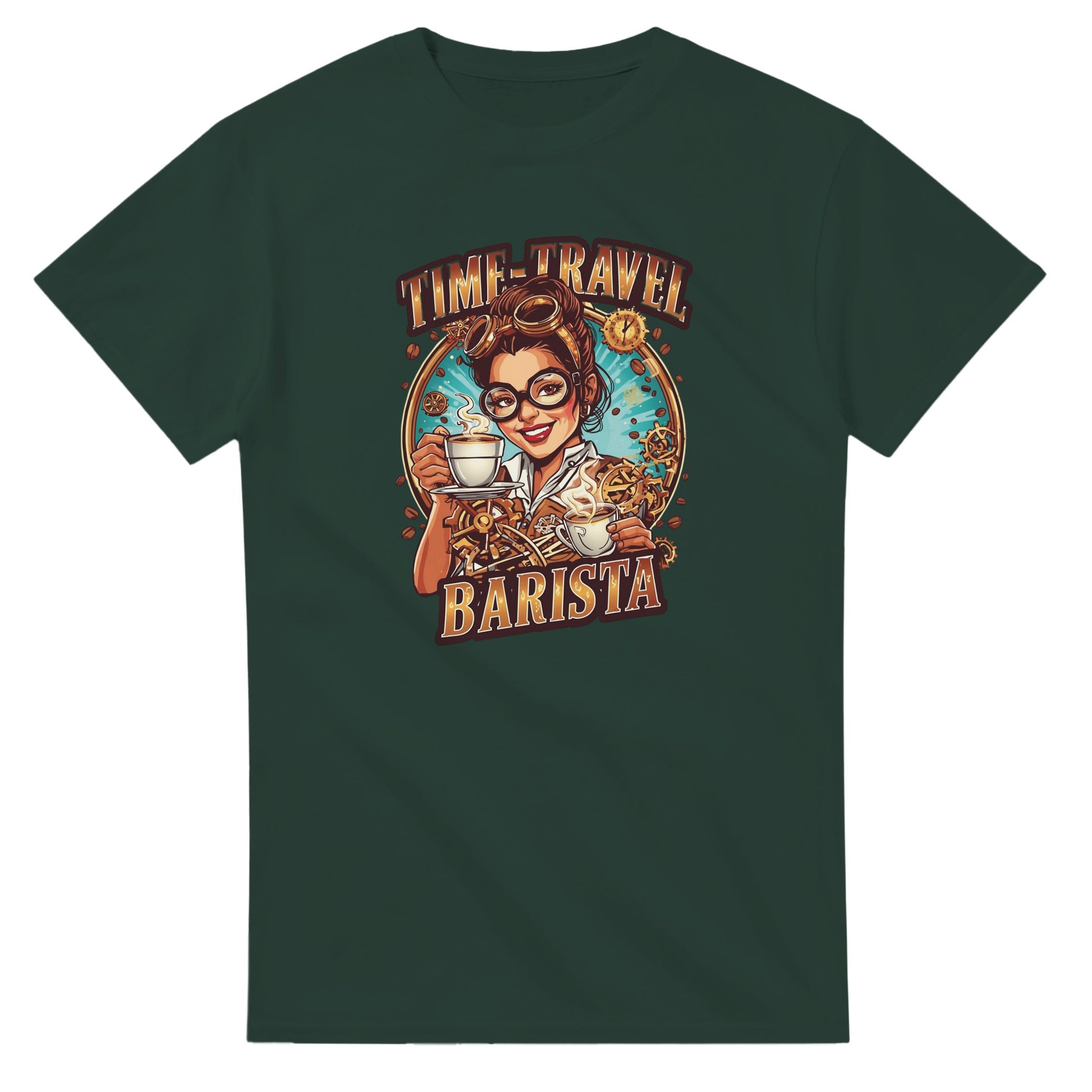 Time-Travel Barista graphic design on a Heavyweight T-shirt