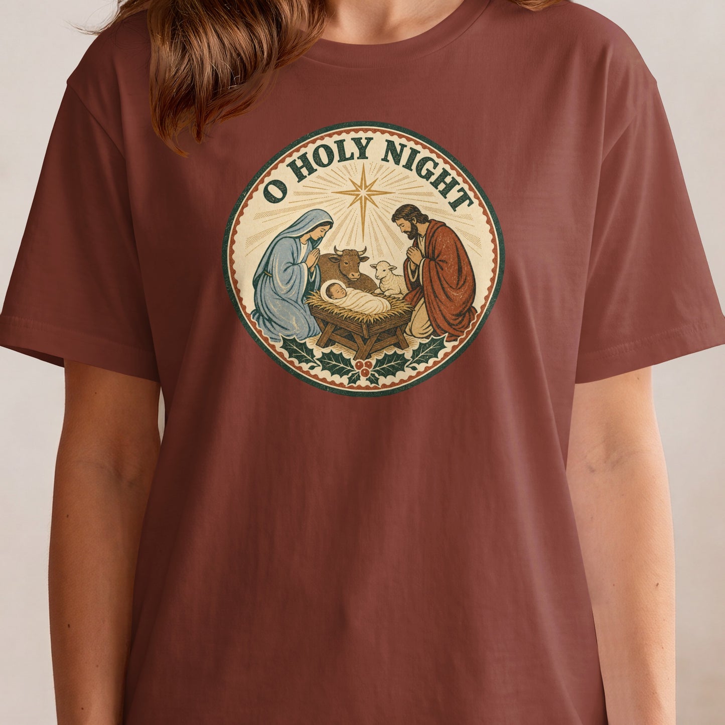 Nativity scene with Mary, Joseph, baby Jesus, and animals, text "O Holy Night".