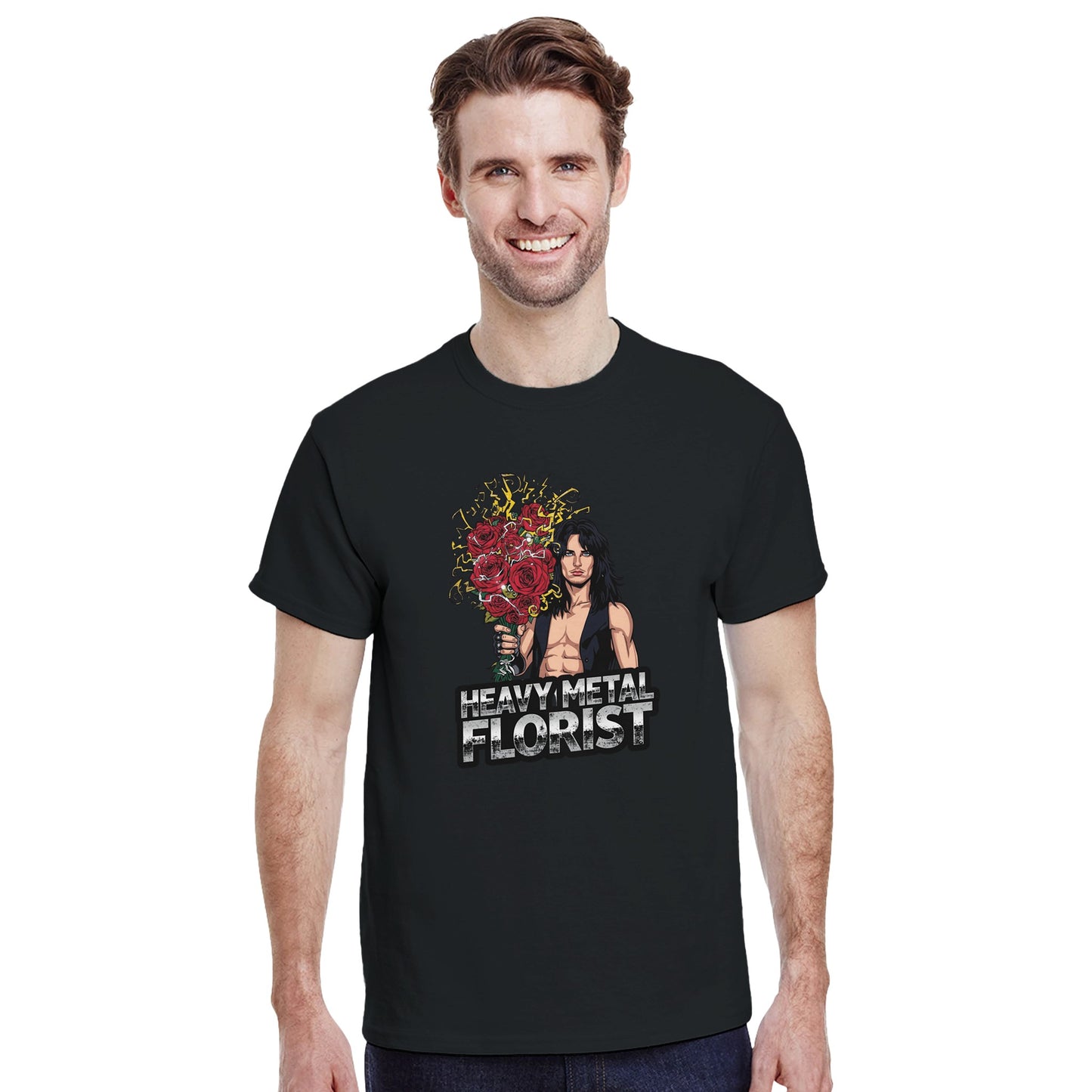 Woman wearing a t-shirt with a graphic design in a mall setting