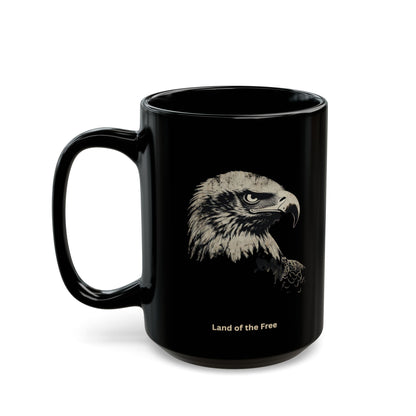 Black mug with a detailed eagle profile and "Land of the Free" text.