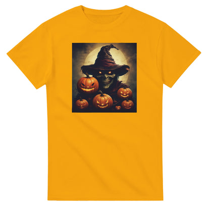 Spooky Skull Wizard & Jack-o'-Lanterns on a Heavyweight T-shirt
