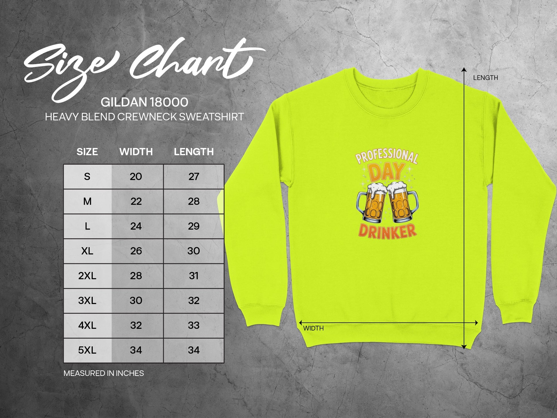 PROFESSIONAL DAY DRINKER Neon Yellow Green Sweatshirt product type
Professional
Day Drinker
Beer Lover
Drinker Gift
Party Sweatshirt
Humorous Top
Funny Drinker
Alcohol Theme
Beer Mugs
GILDAN 18000
Crewneck Sweatshirt
Heavy Blend
Neon Apparel
Yellow Green Top
Unisex Sweatshirt
Casual Wear
Graphic Sweatshirt
Statement Top
Bar Humor
Celebration Wear