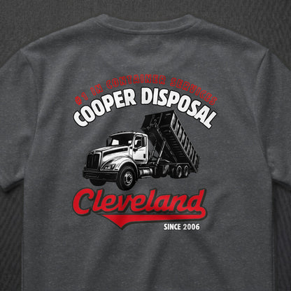 Dark grey t-shirt with "Cooper Disposal Cleveland" logo and dump truck graphic.