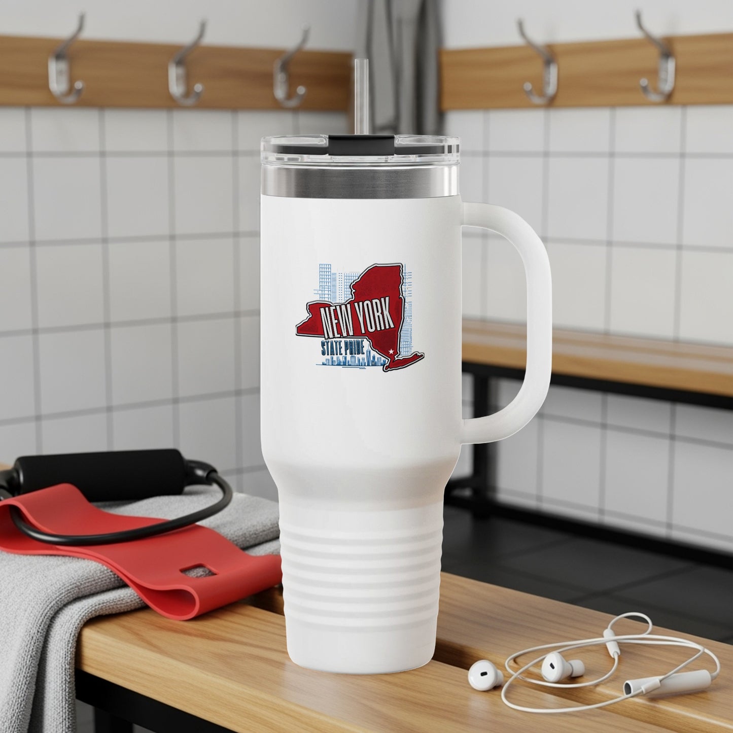 White tumbler with red New York State graphic and text.