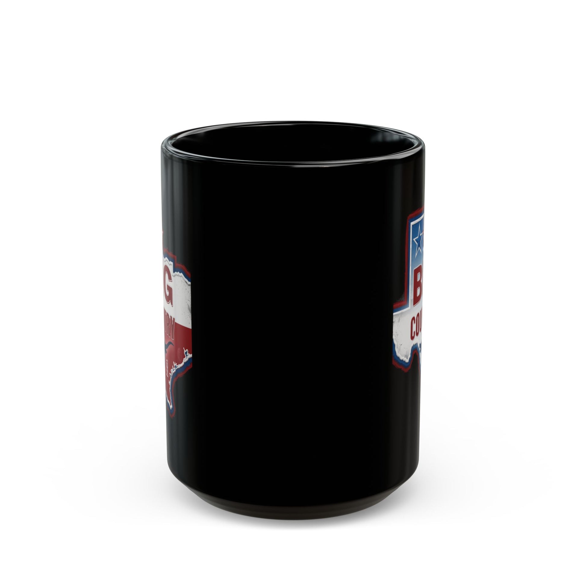 Black mug with Texas shape and "BIG COFFEE" text.