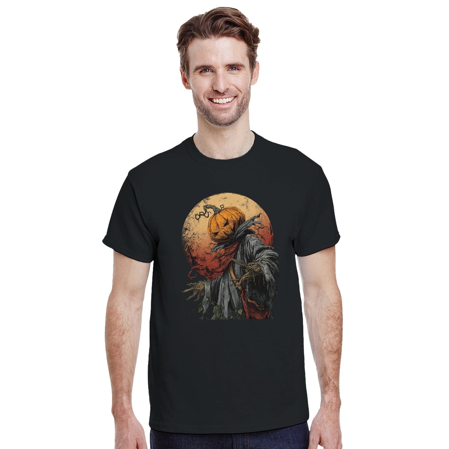 Spooky Pumpkin Scarecrow on a Heavyweight T-shirt