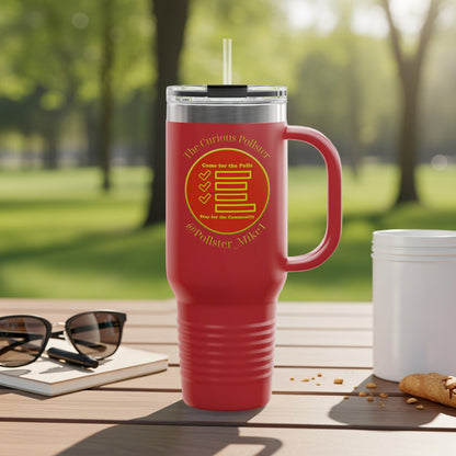 Red tumbler with "The Curious Pollster" logo featuring checkmarks and text.