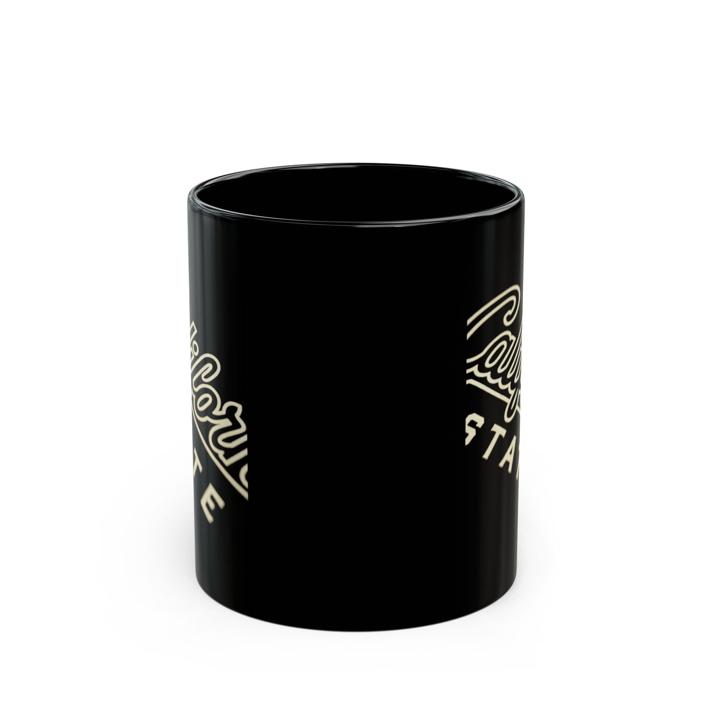Black mug with "California State" logo in beige text.