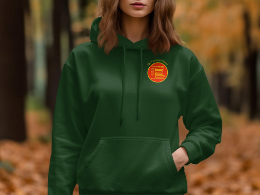 Dark green hoodie with circular logo featuring text in red and yellow.