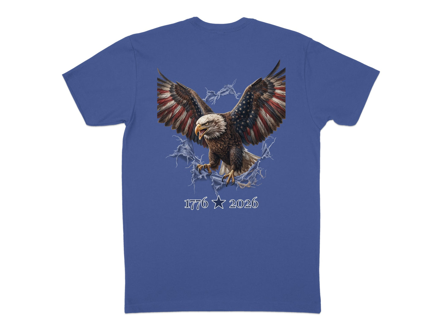Bald eagle with American flag wings on blue t-shirt, 1776 2026.