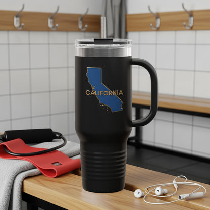 Black insulated tumbler with California state outline and handle.