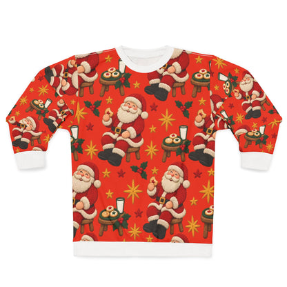 Red sweater with a repeating pattern of Santa Claus, cookies, milk, and stars.
