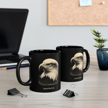Two black mugs with a bald eagle graphic and "Land of the Free" text.