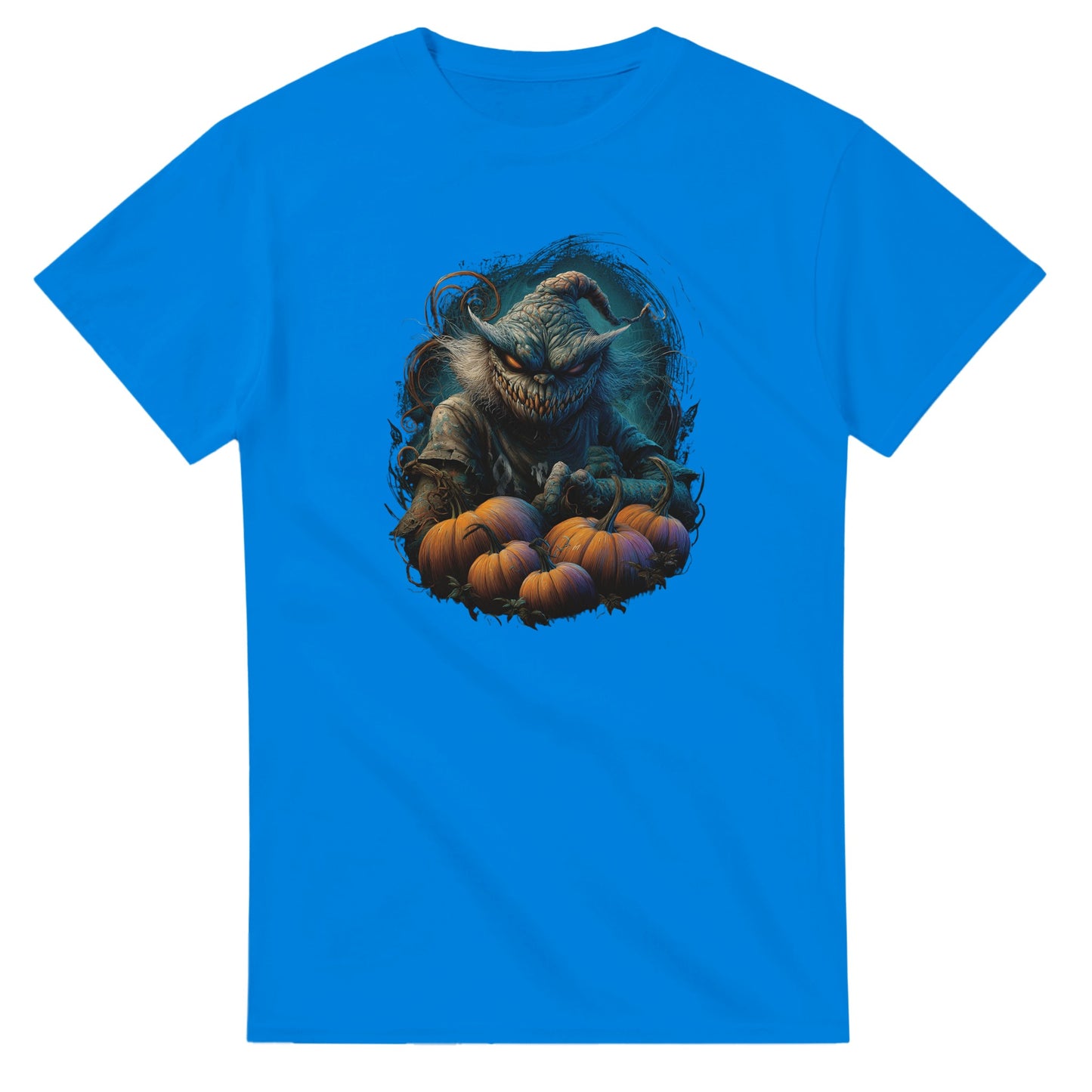 Spooky Scarecrow & Pumpkins on a Heavyweight T-shirt