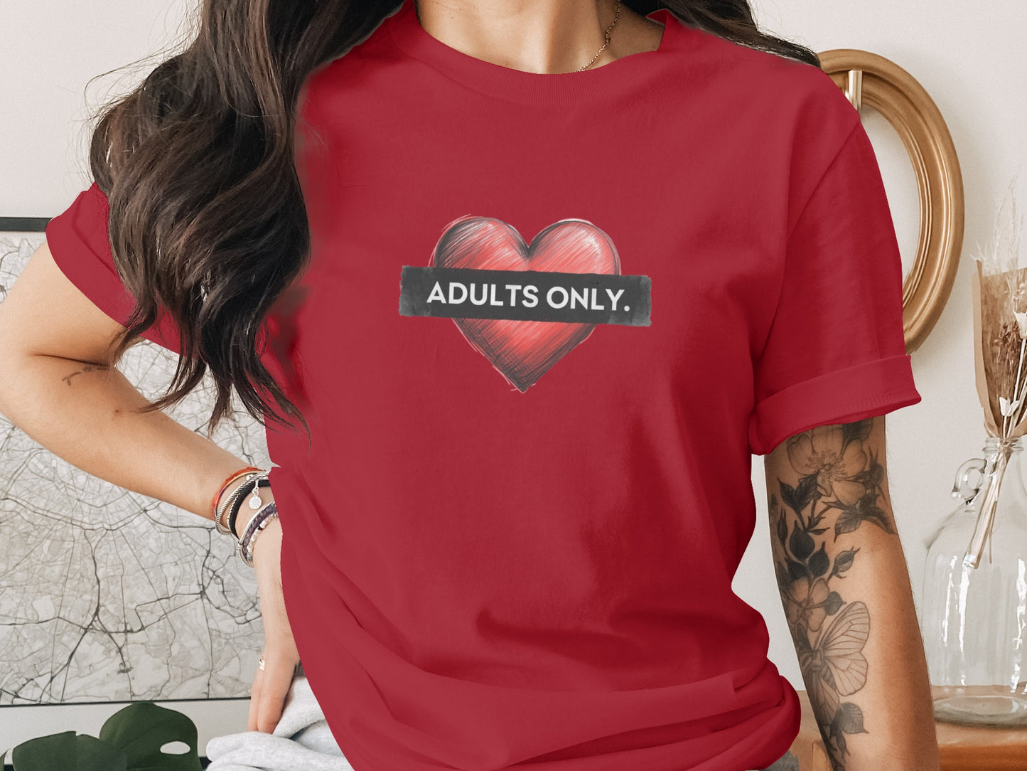 Red Shirt with Adults Only Heart Graphic Design