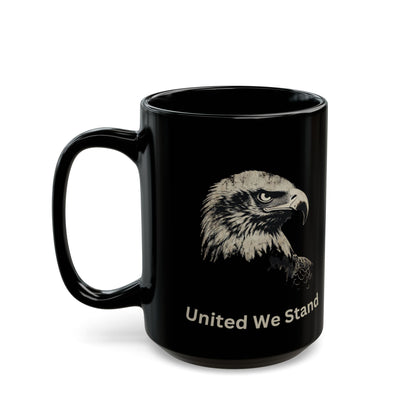 Black mug with eagle head and "United We Stand" text.
