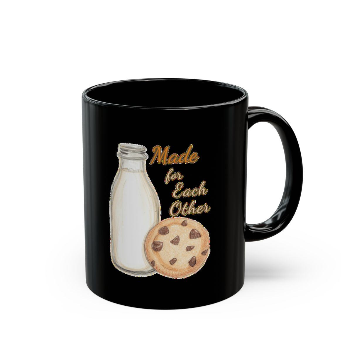 Milk and Cookies image with Made for Each Other text phrase on an 11/15oz Black Mug