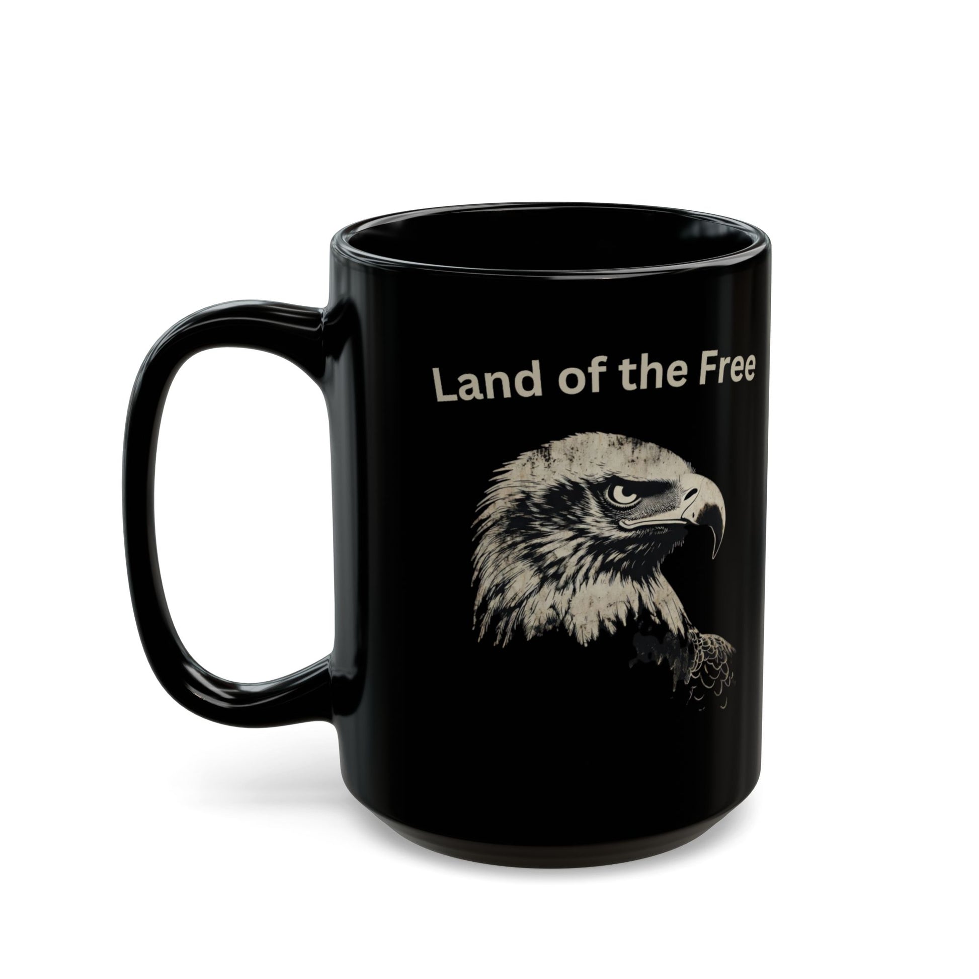 Black mug with eagle graphic and "Land of the Free" text.