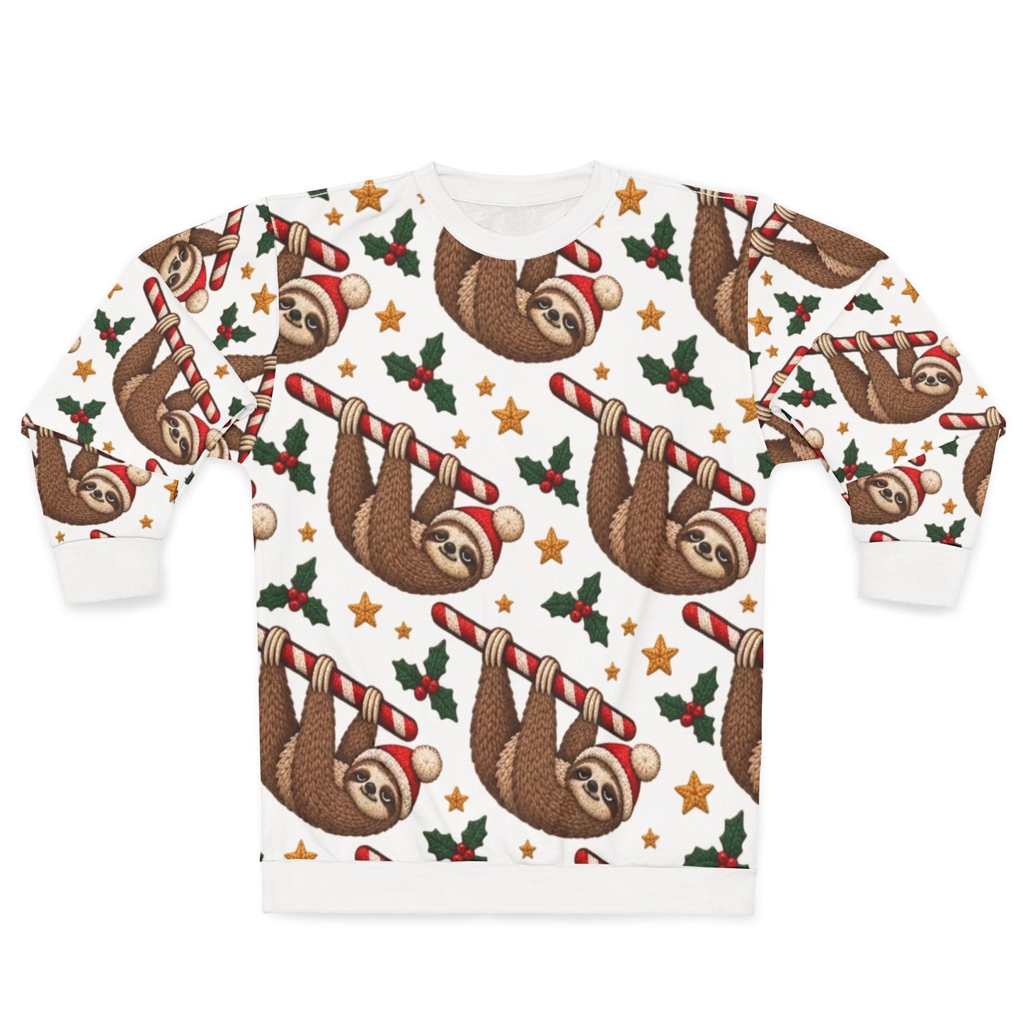 White sweatshirt with repeating pattern of sloths in Santa hats holding candy canes.