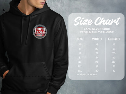 Black hoodie with Cooper Disposal logo, and size chart for Lane Seven 14001 hoodie.