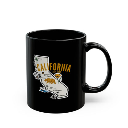 Black mug with a map of California and its major cities.