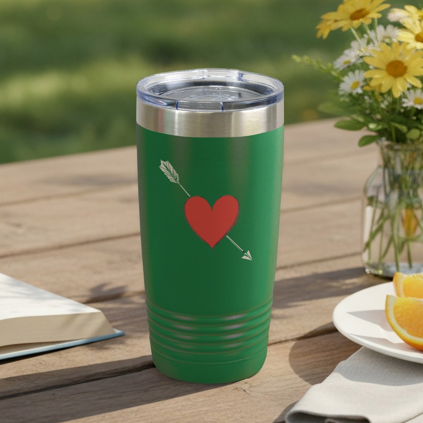 Green Tumbler with Heart and Arrow Print Drinkware