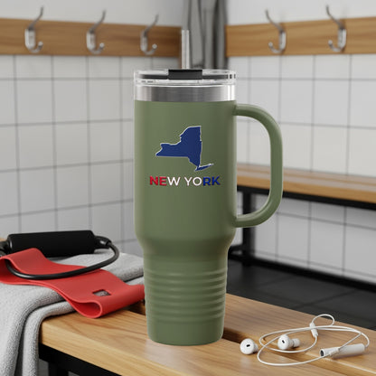 Green tumbler with a New York state outline in red, white, and blue.