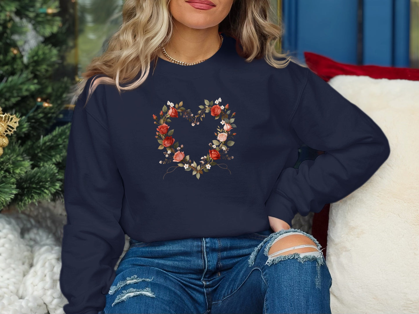 Cozy Navy Sweatshirt with Floral Heart Design Sweater